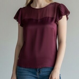 EXPRESS Burgundy Sheer Yoke Pleated Flutter Sleeve Top Women's Size M